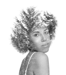 Double exposure of woman and trees on white background, black and white effect