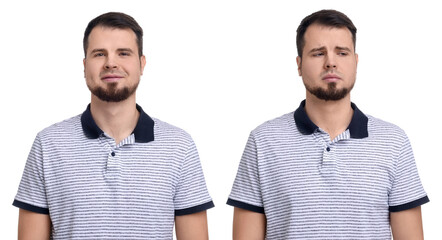 Man showing different emotions on white background, collage