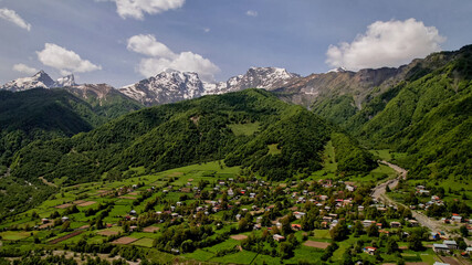 Breathtaking panoramic view of majestic snow-capped peaks rising above verdant mountain forests under a clear blue sky, ideal for Earth Day and nature themes