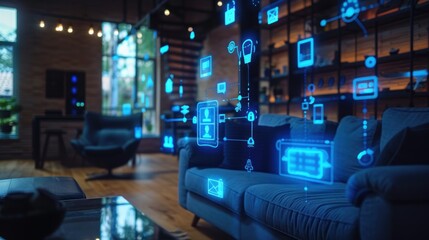Naklejka premium Futuristic smart home interior Connected devices and digital symbols in seamless integration.