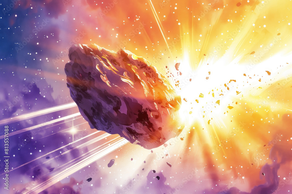 Poster an illustration depicting the destructive collision of an asteroid with a planet, showcasing the int