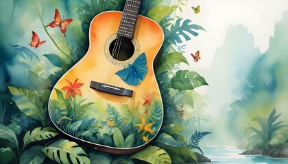 Paint a fantastical scene where an acoustic guitar