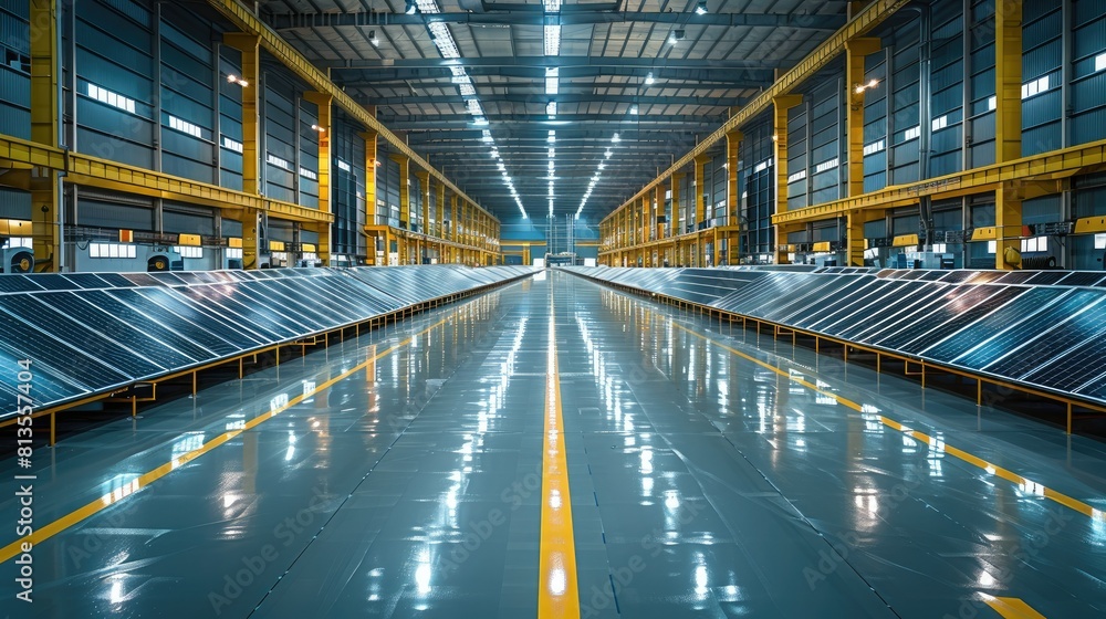 Poster Solar panels and energy-efficient automation technology highlight the environmental attributes of this eco-friendly warehouse powered by renewable energy. Generative AI.
