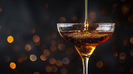 Golden honey drizzling into the glass, overflowing with sweetness against a dark backdrop, showcasing the syrupy consistency and rich amber tones.