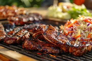A summertime BBQ scene with grilled meats and a side of crunchy coleslaw