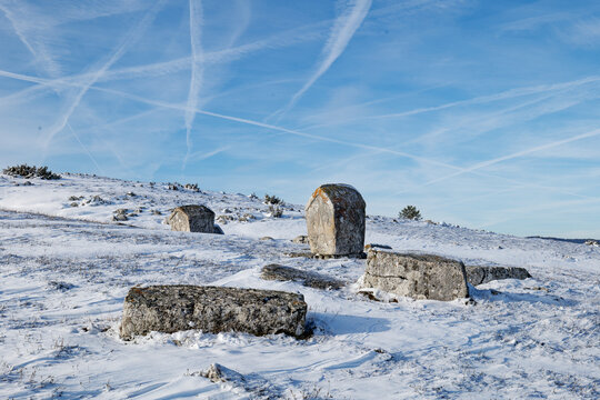 Stecci Medieval Tombstones Graveyards in Ravanjska Vrata in Kupres, Bosnia and Herzegovina. Unesco site. The tombstones feature a wide range of decorative motifs and inscriptions.