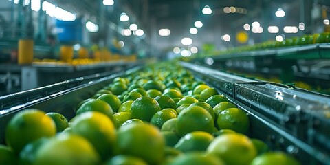 Limes on a conveyor belt at a fruit processing plant.