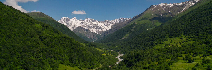 Lush green mountain slopes lead to snow-capped peaks under a clear sky, ideal for Earth Day and...