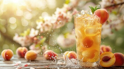 Sweet peach juice cascading into a glass, against a background of soft peachy hues, evoking feelings of summer bliss and fruity delight