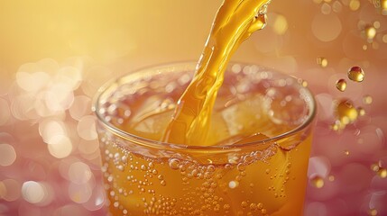 Sweet peach juice cascading into a glass, against a background of soft peachy hues, evoking feelings of summer bliss and fruity delight