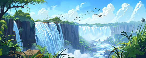 waterfall at Victoria Falls on the Zambezi River, Zimbabwe, Zambia. illustration