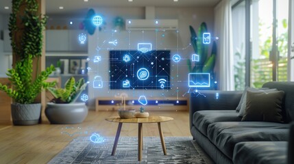 Smart home interior with connected devices and floating digital symbols. Seamless modern technology integration.