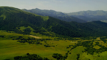 Breathtaking panoramic view of vibrant green meadows, ideal for nature and travel themes, Earth Day promotions