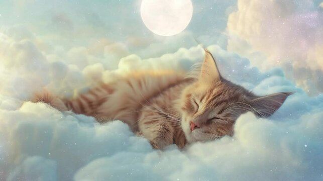 Cute orange cat having a sweet dream sleeping on the clouds. seamless looping time-lapse virtual 4K video Animation Background.