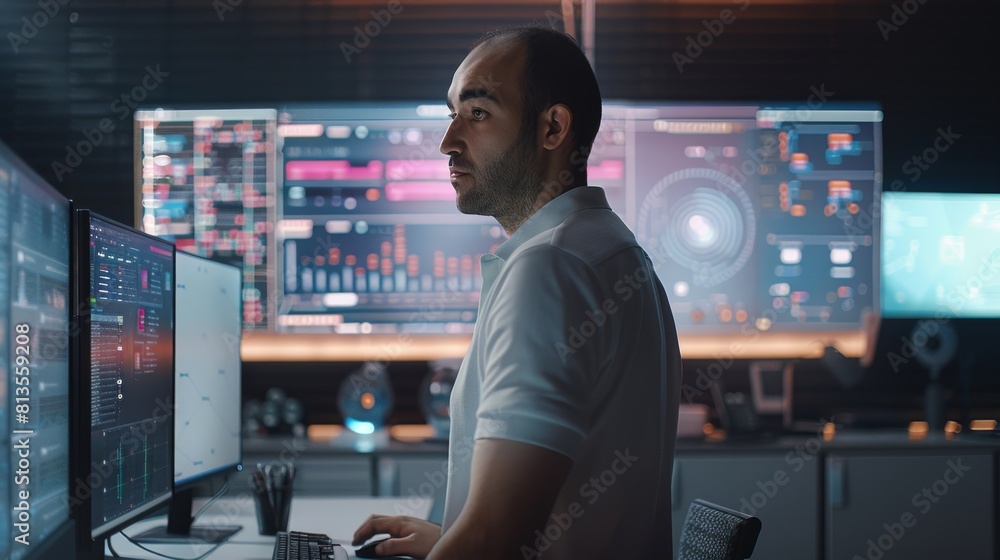 Aufkleber A man is standing at his workstation typing on desktop PC with a monitor in background with large interactive screens displaying apps in a flowchart in the screens, in a modern office. Generative AI.