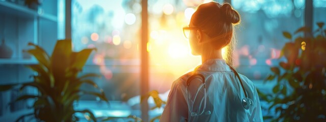 Back view. A female doctor character, radiating warmth and care, representing the healthcare industry.