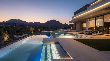 Fototapeta premium Illuminated Modern Luxury Swimming Pool and Landscaping with Mountain View