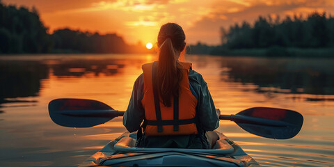 Young woman in a life jacket sitting on a kayak at sunset, a summer vacation activity and outdoor sport concept. - Powered by Adobe