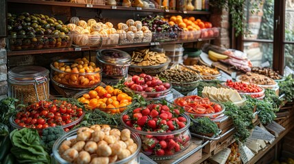 Bountiful Food Display at a Traditional Market in Bologna City, Featuring Fresh Fruits, Vegetables, and Delicatessen - Powered by Adobe