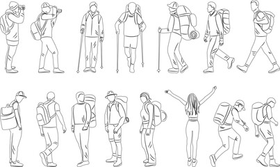 people travelers, people on a hike set sketch on white background vector