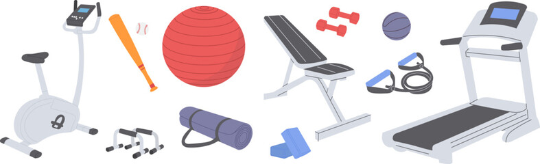 treadmill, exercise bike, sports equipment in flat style on a white background vector
