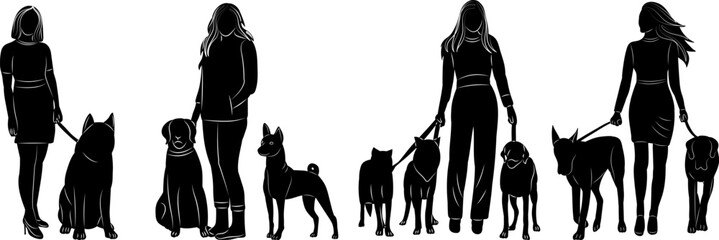 women with dogs silhouette on white background vector