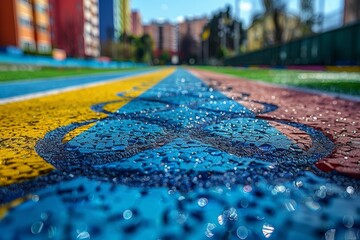 Fototapeta premium Wet running track with a variety of colors and water drops, buildings in the background