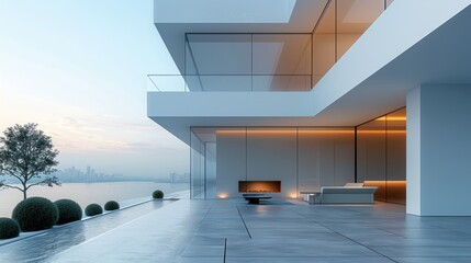 Contemporary Minimalist Architecture with White Curtain Wall