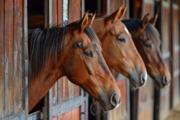 Horses gazing out from their stalls at a passing visitor, displaying curiosity and intelligence