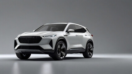 White color SUV car Stand with a front and side view in big empty room with dark background