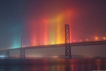 A colorful bridge spans a river at night