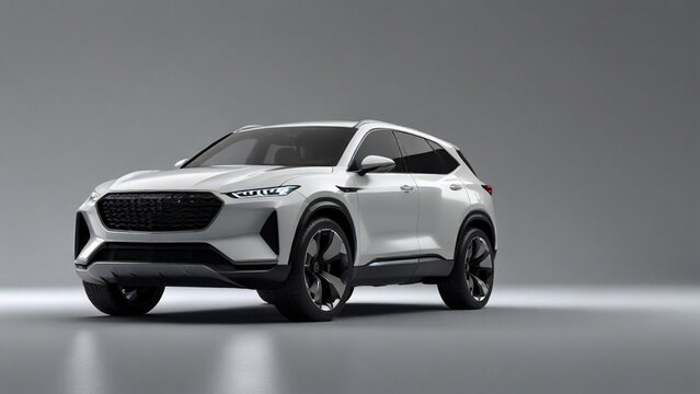 White color SUV car Stand with a front and side view in big empty room with dark background