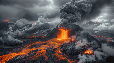 A volcano erupting. The landscape, sky and ash clouds, flowing lava. Generative AI.