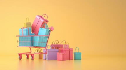 Obraz premium Simplified Shopping: Minimalist 3D Cartoon-Style Illustration of Online Shopping with Digital Cart and Packages