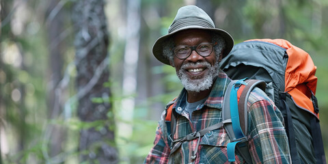 Obraz premium A happy senior black woman hiking in nature, wearing sportswear and backpacks, healthy lifestyle concept..