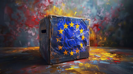 A weathered box painted with the EU flag symbolizes the upcoming European election, set against a vivid abstract background.