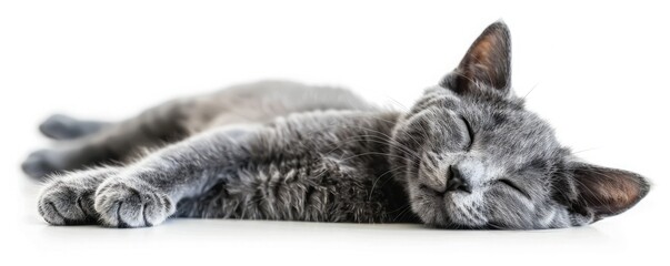 A Korat cat is sleeping on its side with its eyes closed. The cat is very relaxed and looks very peaceful.
