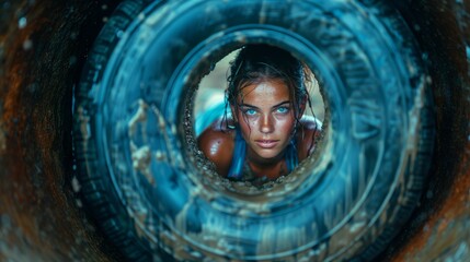 Intense Portrait of a Determined Sportswoman Crawling Through a Muddy Tire in an Obstacle Course Challenge