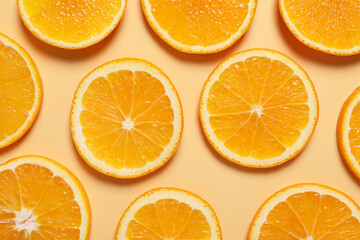 Slices of juicy orange on beige background, flat lay