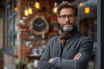 A stylish professional man crosses his arms, exuding confidence and suaveness against an urban café backdrop with warm lighting