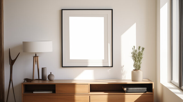 Cadre d&eacute;coratif, mock up au dessus d'un bureau. Int&eacute;rieur, d&eacute;coration, contour bois. Mock-up, cr&eacute;atif. Pour conception et cr&eacute;ation graphique.