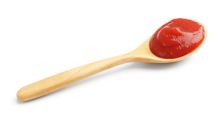 Tasty ketchup with spoon isolated on white. Tomato sauce