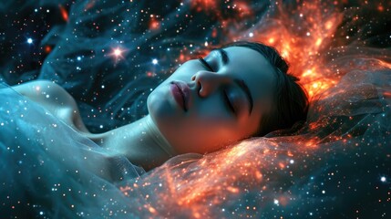 Fototapeta premium The close up picture of the caucasian female human that laying down for sleeping on the sea of the galaxy space that act like pillow that look fluffy and soft at the bright sky of a universe. AIGX03.