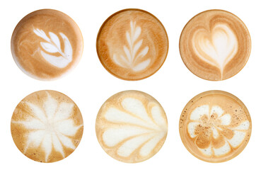 Coffee foam with latte art isolated on white, top view