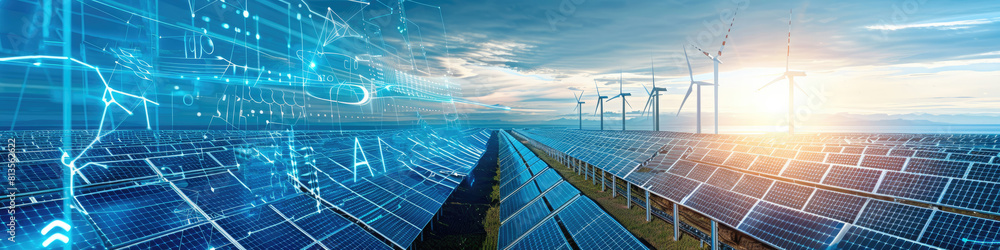 Poster left side photo of only artificial intelligence, in the middle one solar panel field supplemented by