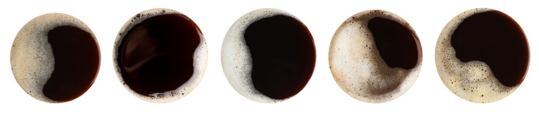 Aromatic coffee drinks with foam isolated on white, set. Top view