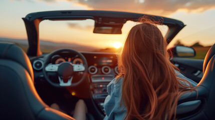 Woman Sitting in Convertible Car at Sunset