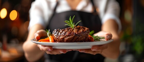 Professional photo about a beautiful woman's hands holding a plate of a beef steak, restaurant in background, front view, copy space 