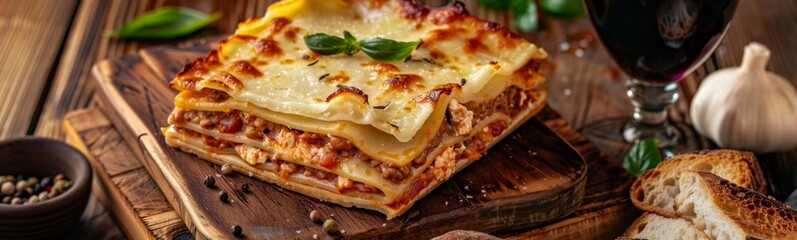 Stack of lasagna on a cutting board with bread. Italian food. Banner