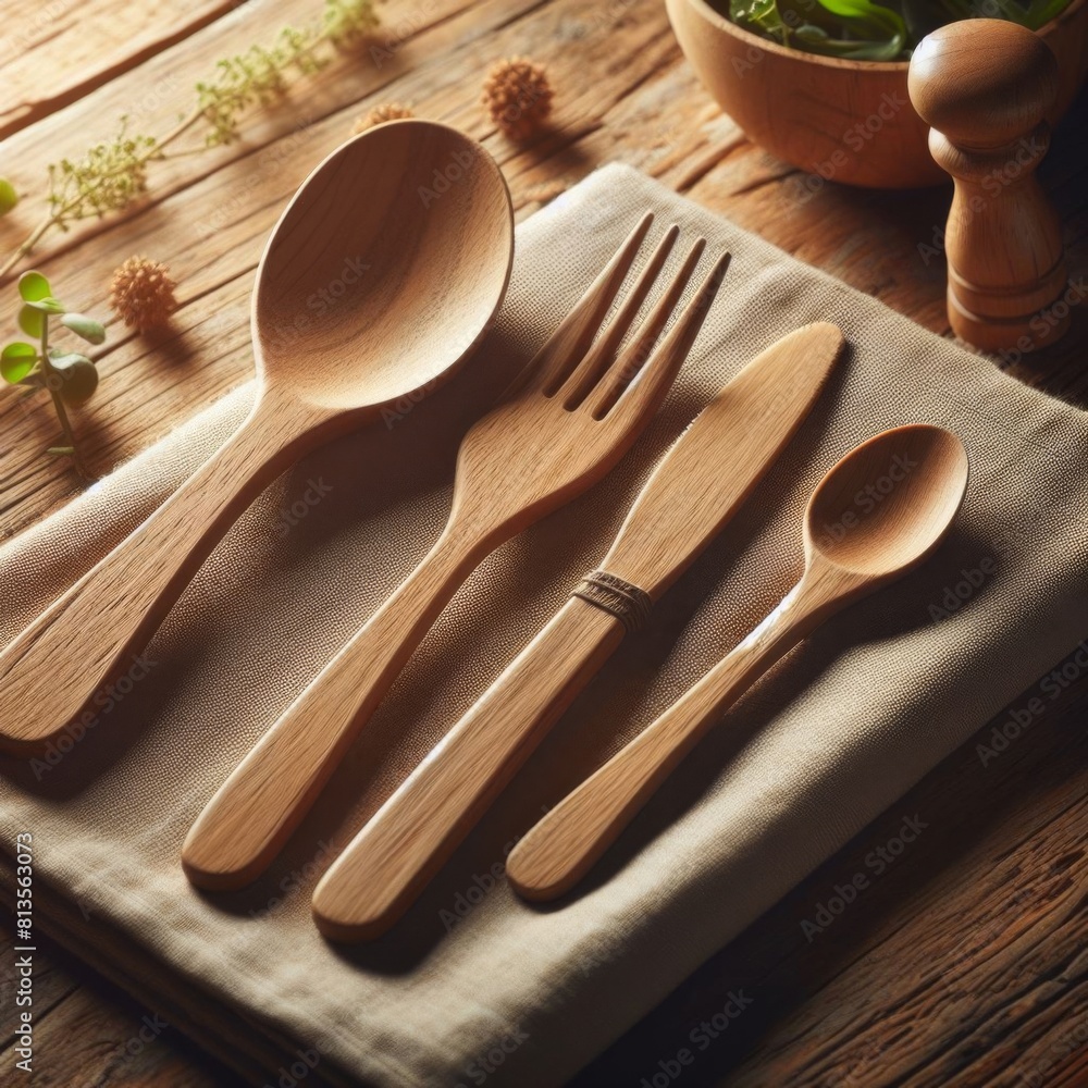 Wall mural wooden kitchen utensils
